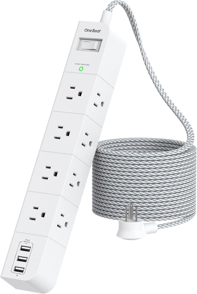 One Beat 10 ft Extension Cord, Power Strip Surge Protector - 8 Widely AC Outlets 3 USB, Flat Plug, Desktop Charging Station with Overload Protection, Wall Mount for Home, Office, Travel, Computer ETL Listed - Image 1