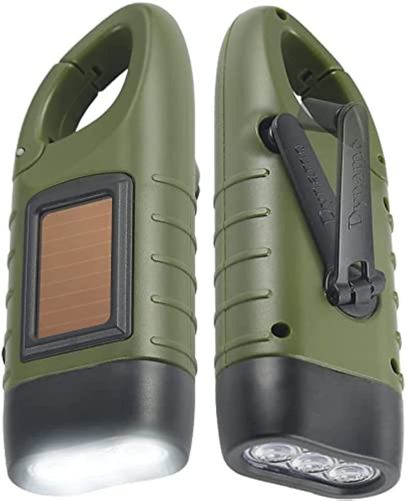 Simpeak 2-Pack Hand Crank Solar Powered Flashlight, Emergency Rechargeable LED Survival Flashlight, Quick Snap Carbiner Dynamo Flash Light Torch for Outdoor Sports, Green - Image 1