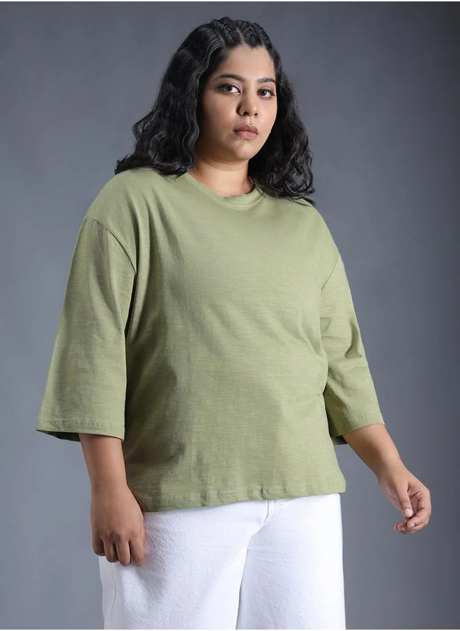 HIGH STAR Plus Size Solid Cotton Boxy Fit T-Shirt