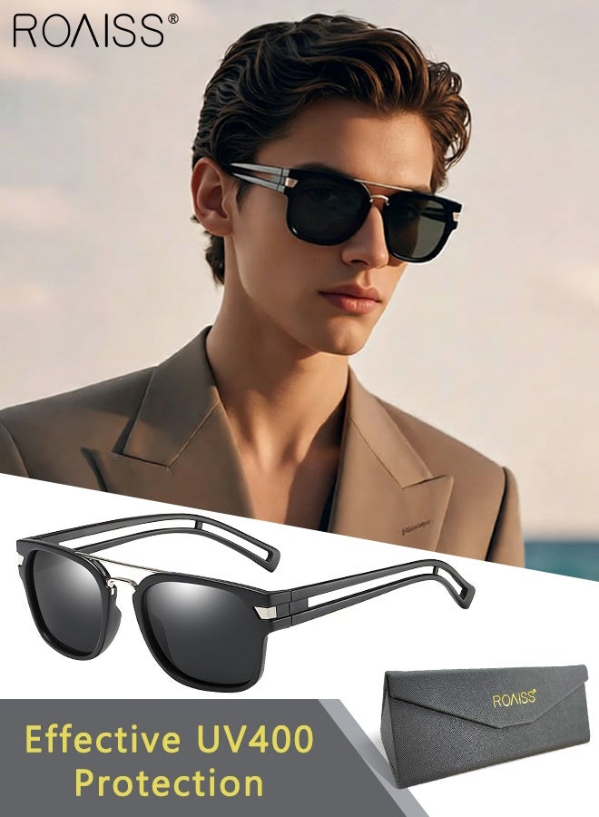 Men's Polarized Retro Square Sunglasses UV400 Protection Sun Glasses, Fashion Anti-Glare Sun Shades for Driving Traveling Hunting with Case 58mm (Black)