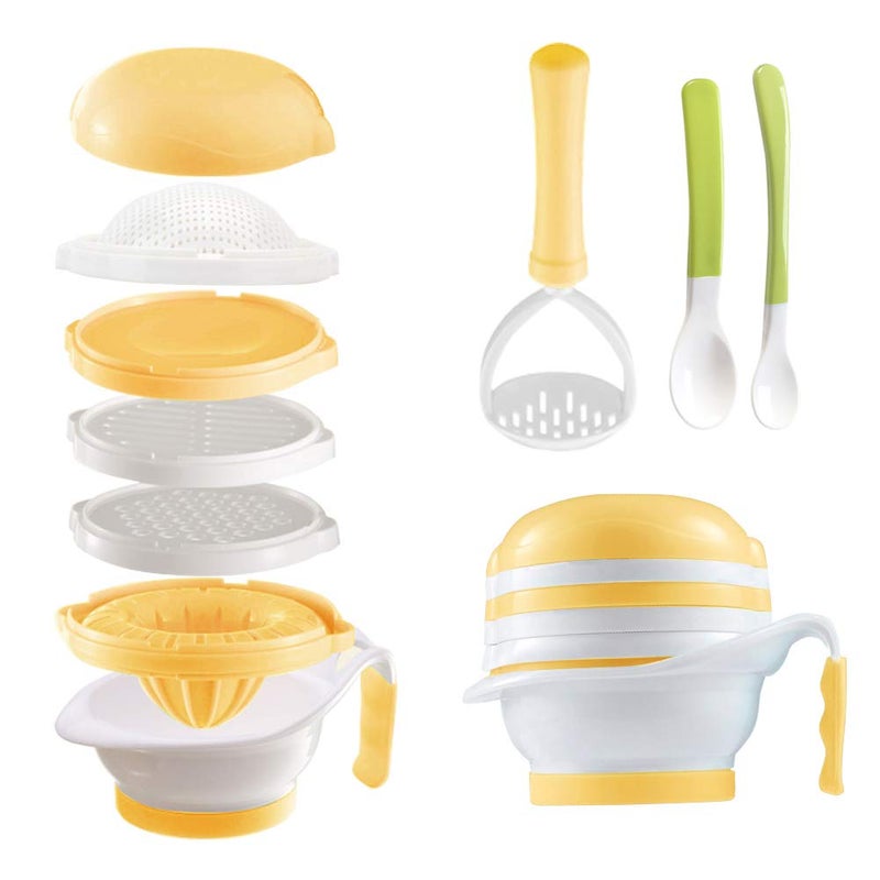 Matyz Versatile Baby Food Maker Set - Toddler Food Mills with Mash Bowl, Hand Masher, Citrus Juicer, Grater - Making Homemade Baby Food - Fruits and Vegetables Masher - No BPA (Yellow) - Image 1