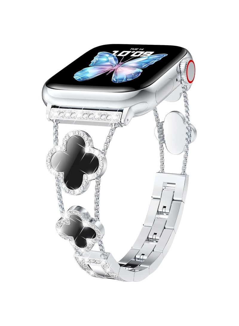 Beauenty Bling Diamond Band Strap Compatible with Apple Watch Bands for Women 40mm 41mm 38mm 42mm and Series 10 9 8 7 6 5 4 3 2 1 SE, Sparkle Metal Bracelet Wristband, Cute Lucky Clover iWatch Band, Silver/B - Image 1