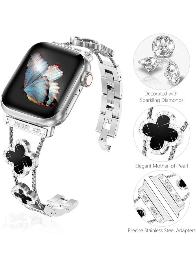 Beauenty Bling Diamond Band Strap Compatible with Apple Watch Bands for Women 40mm 41mm 38mm 42mm and Series 10 9 8 7 6 5 4 3 2 1 SE, Sparkle Metal Bracelet Wristband, Cute Lucky Clover iWatch Band, Silver/B - Image 4