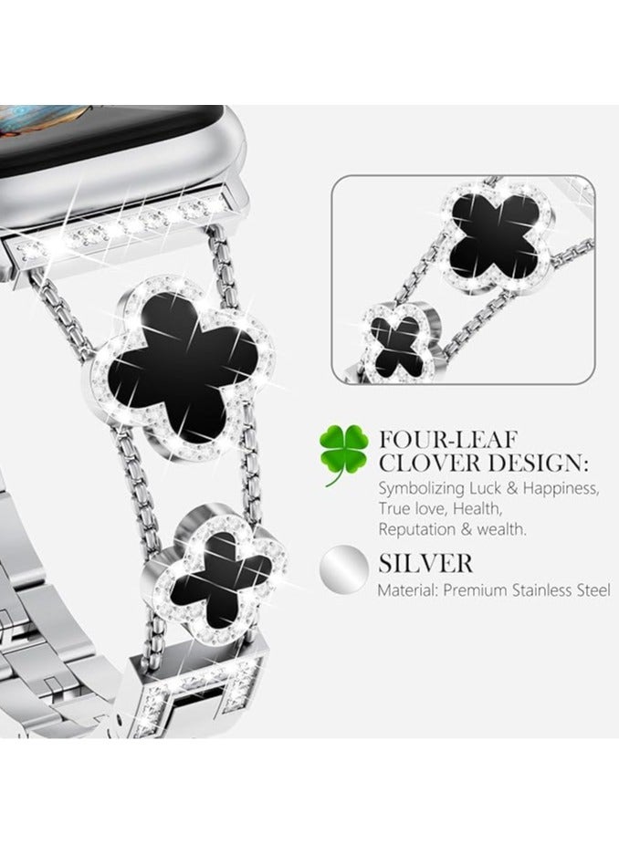 Beauenty Bling Diamond Band Strap Compatible with Apple Watch Bands for Women 40mm 41mm 38mm 42mm and Series 10 9 8 7 6 5 4 3 2 1 SE, Sparkle Metal Bracelet Wristband, Cute Lucky Clover iWatch Band, Silver/B - Image 5