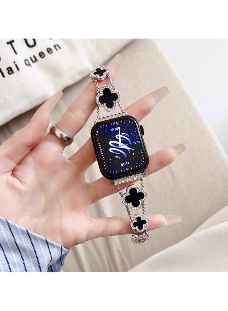 Beauenty Bling Diamond Band Strap Compatible with Apple Watch Bands for Women 40mm 41mm 38mm 42mm and Series 10 9 8 7 6 5 4 3 2 1 SE, Sparkle Metal Bracelet Wristband, Cute Lucky Clover iWatch Band, Silver/B - Image 3