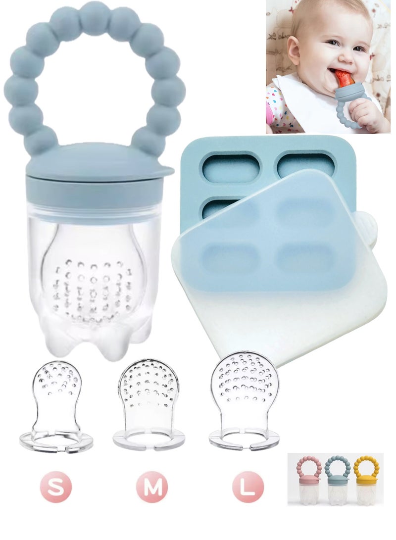 TrenDxb Fresh Food Feeder & Teether, BPA-Free Silicon Pacifier with Freezer Tray, 3 Replacement Pouches & Popsicle Molds , 3-6 Months and Above  .(Blue) - Image 1
