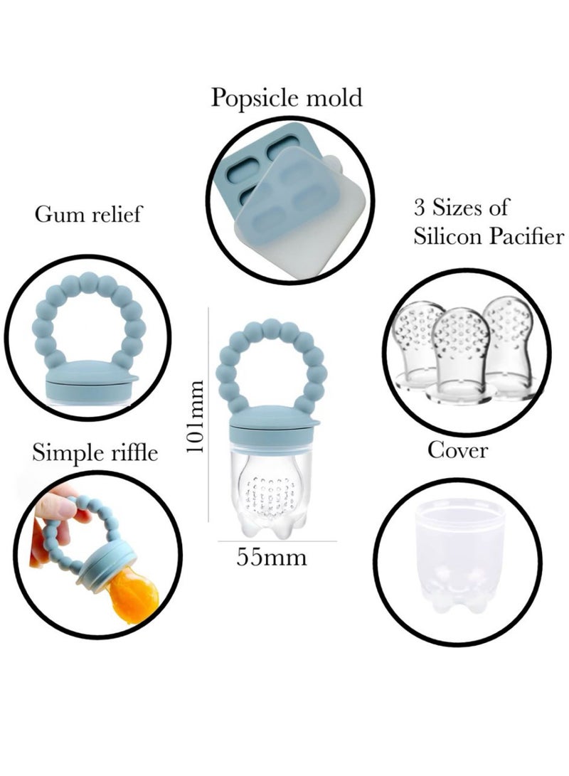 TrenDxb Fresh Food Feeder & Teether, BPA-Free Silicon Pacifier with Freezer Tray, 3 Replacement Pouches & Popsicle Molds , 3-6 Months and Above  .(Blue) - Image 2