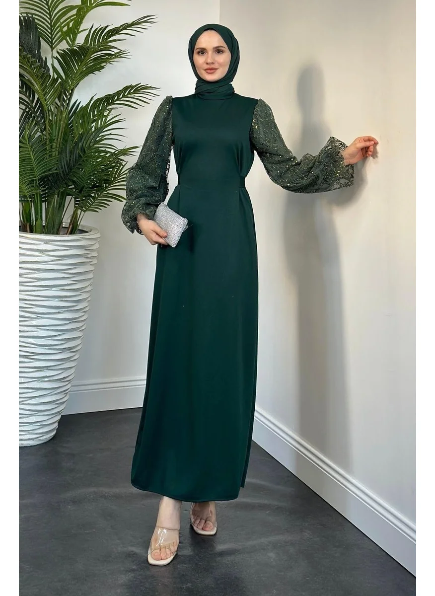 Merven Akyüz Kevin Pencil Evening Dress with Glittery Sleeves Emerald