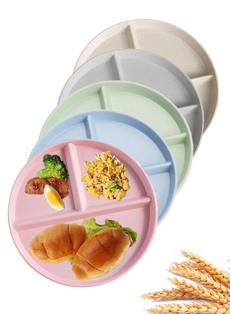 GNAFOTU 9" Unbreakable Divided Plates Set of 5, Wheat Straw Plate Reusable Dinnerware Portion Control Plate, Round Bariatric Plastic Plate for Kids Adults, BPA-free, Dishwasher Safe  - Image 1
