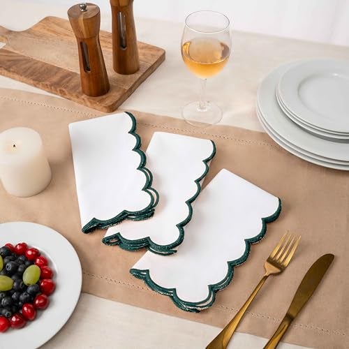 Blue Needles Scalloped Embroidery Cloth Napkins - 100% Cotton Set of 4 White Cloth Napkins with Scallop Design, 17 X 17 Inch Soft, Reusable, Washable Spring Summer Easter Table Decor - Edges - Green - Image 4