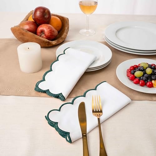 Blue Needles Scalloped Embroidery Cloth Napkins - 100% Cotton Set of 4 White Cloth Napkins with Scallop Design, 17 X 17 Inch Soft, Reusable, Washable Spring Summer Easter Table Decor - Edges - Green - Image 2