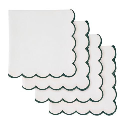 Blue Needles Scalloped Embroidery Cloth Napkins - 100% Cotton Set of 4 White Cloth Napkins with Scallop Design, 17 X 17 Inch Soft, Reusable, Washable Spring Summer Easter Table Decor - Edges - Green - Image 1