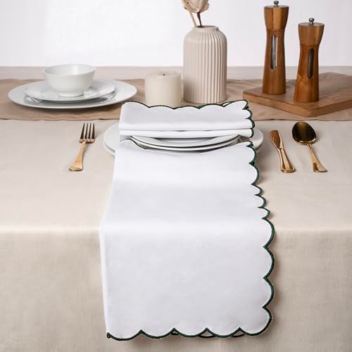 Blue Needles Scalloped Embroidery Cloth Napkins - 100% Cotton Set of 4 White Cloth Napkins with Scallop Design, 17 X 17 Inch Soft, Reusable, Washable Spring Summer Easter Table Decor - Edges - Green - Image 3