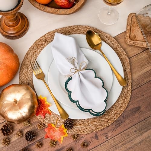 Blue Needles Scalloped Embroidery Cloth Napkins - 100% Cotton Set of 4 White Cloth Napkins with Scallop Design, 17 X 17 Inch Soft, Reusable, Washable Spring Summer Easter Table Decor - Edges - Green - Image 5