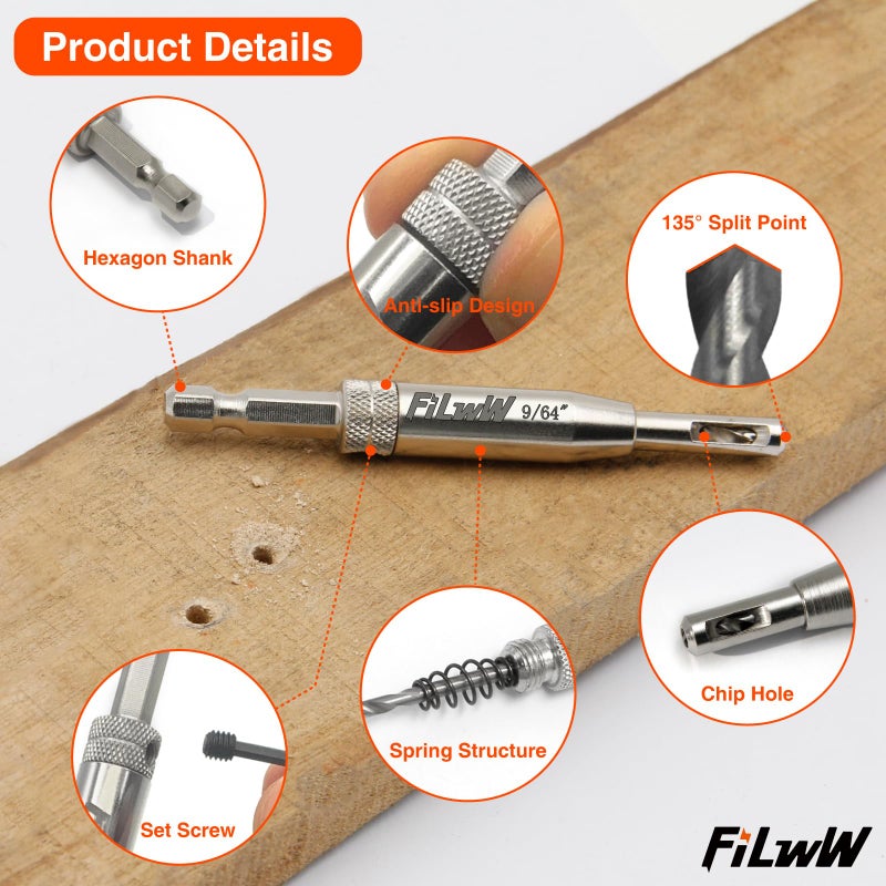 FiLwW Self-Centering Drill Bit Set, CC2430 3/32", 7/64", 9/64" Self Centering Drill Bit VIX Bit for #6 8 10 Screws - Image 2