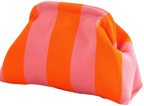 DIHKLCIO Clutch Purses for Women Summer Beach Woven Crochet Handbag Dumpling Striped Ruched Cloud Purse colorblock Evening Bag pink orange - Image 1