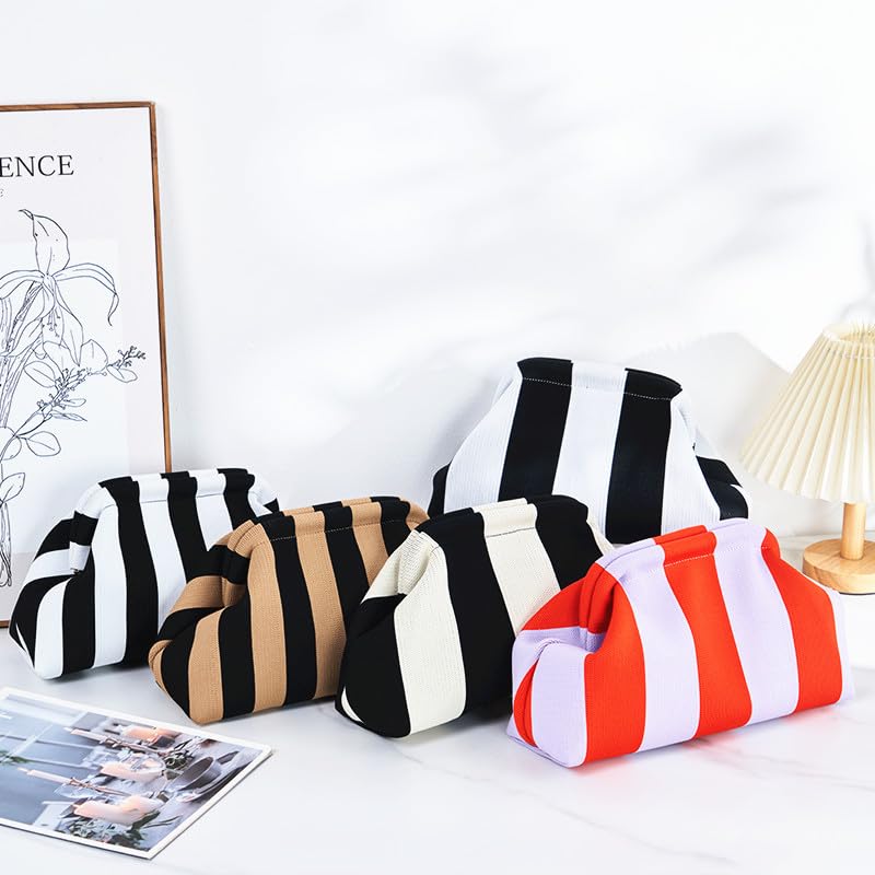 DIHKLCIO Clutch Purses for Women Summer Beach Woven Crochet Handbag Dumpling Striped Ruched Cloud Purse colorblock Evening Bag pink orange - Image 3