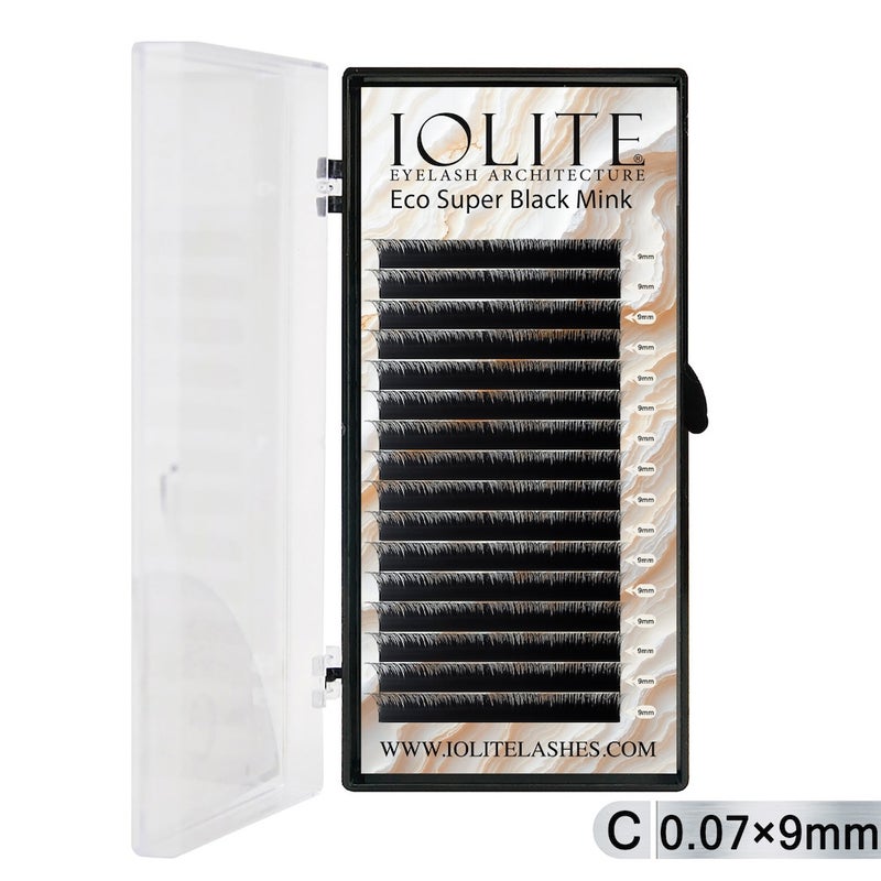 Iolite Super Black Mink Lash Extension – C Curl 0.7T Mix (6mm–15mm) | Premium Black Mink Eyelash Extension Tray for Lash Artists ISBMC7T - 9MM