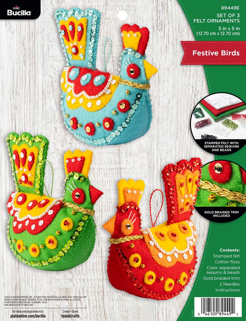 Bucilla Bucilla Felt Applique 3 Piece Ornament Making Kit Festive Birds Perfect for DIY Arts and Crafts 89449E 