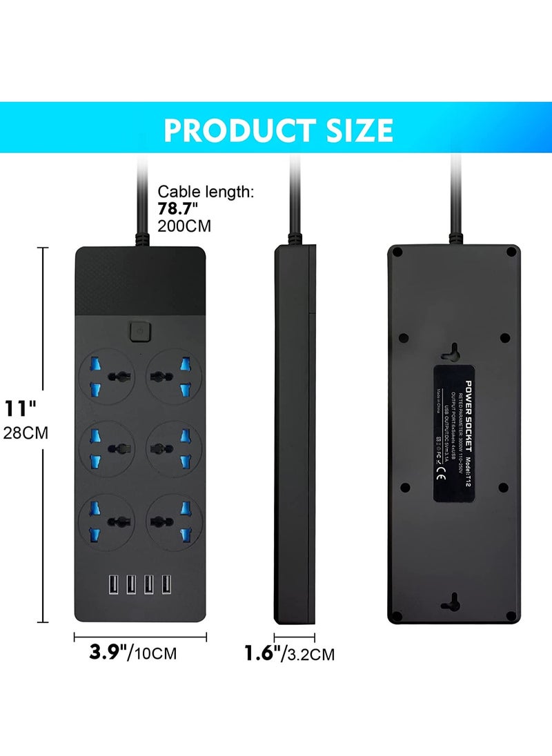 Arabest Power Strip Extension Cord 6 Outlets, Universal Plug Adapter with 4 USB Ports Surge Protector, Charging Socket with 3M Extension Cord (Black)  - Image 4