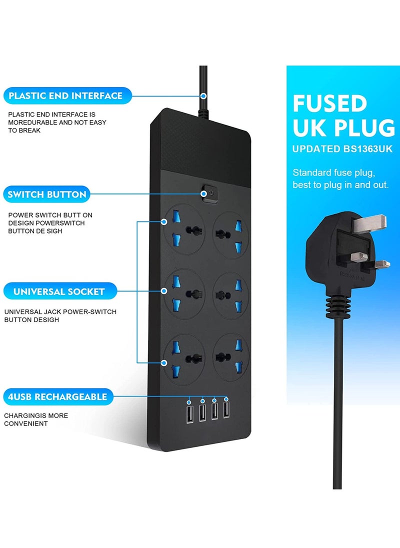 Arabest Power Strip Extension Cord 6 Outlets, Universal Plug Adapter with 4 USB Ports Surge Protector, Charging Socket with 3M Extension Cord (Black)  - Image 3