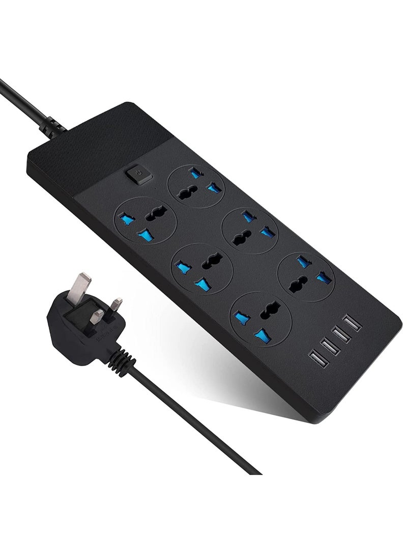 Arabest Power Strip Extension Cord 6 Outlets, Universal Plug Adapter with 4 USB Ports Surge Protector, Charging Socket with 3M Extension Cord (Black)  - Image 1