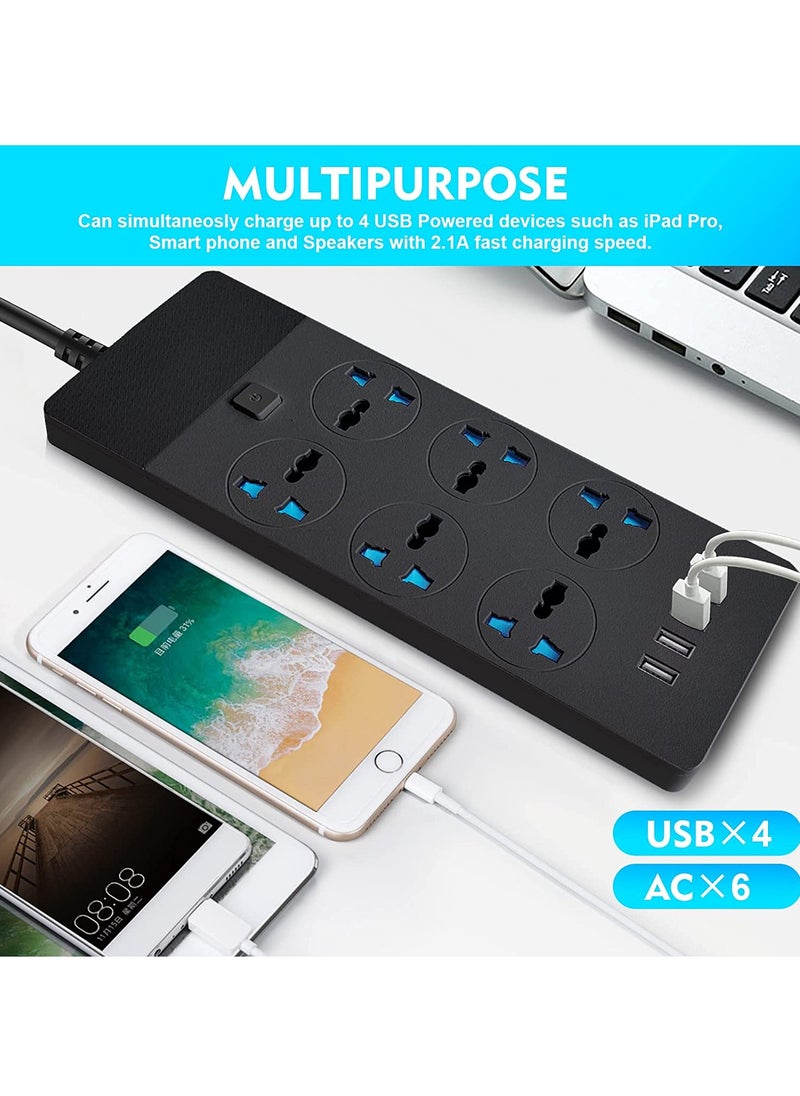 Power Strip Extension Cord 6 Outlets, Universal Plug Adapter with 4 USB Ports Surge Protector, Charging Socket with 3M Extension Cord (Black)