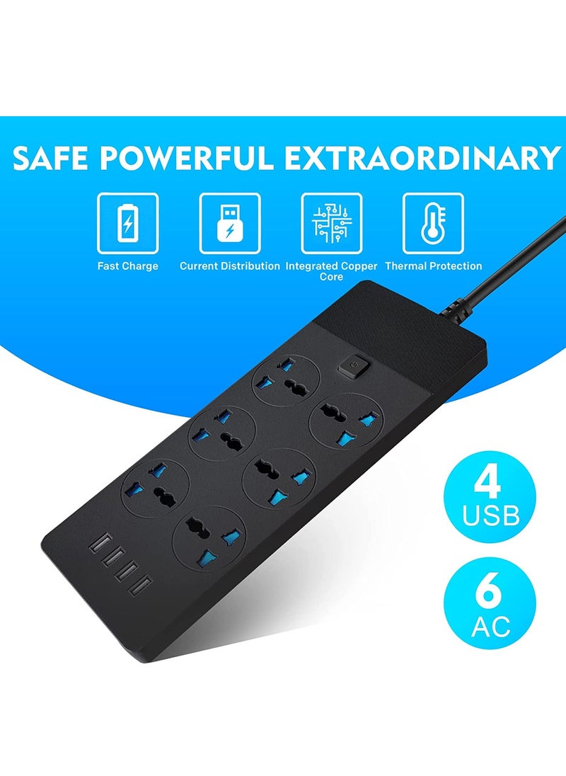 Arabest Power Strip Extension Cord 6 Outlets, Universal Plug Adapter with 4 USB Ports Surge Protector, Charging Socket with 3M Extension Cord (Black)  - Image 2