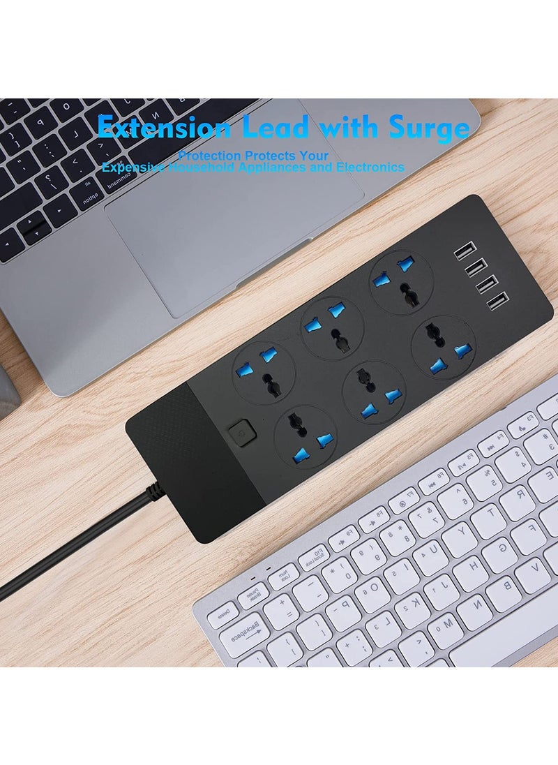 Power Strip Extension Cord 6 Outlets, Universal Plug Adapter with 4 USB Ports Surge Protector, Charging Socket with 3M Extension Cord (Black)