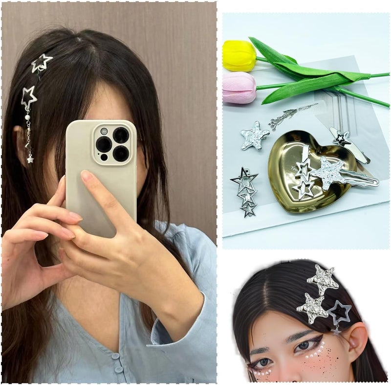 HZYH 18 Pcs Silver Star Hair Clips for Women – Y2K Metal Barrettes & Pentagram Bobby Pins, Cool Hair Styling  Set - Image 5