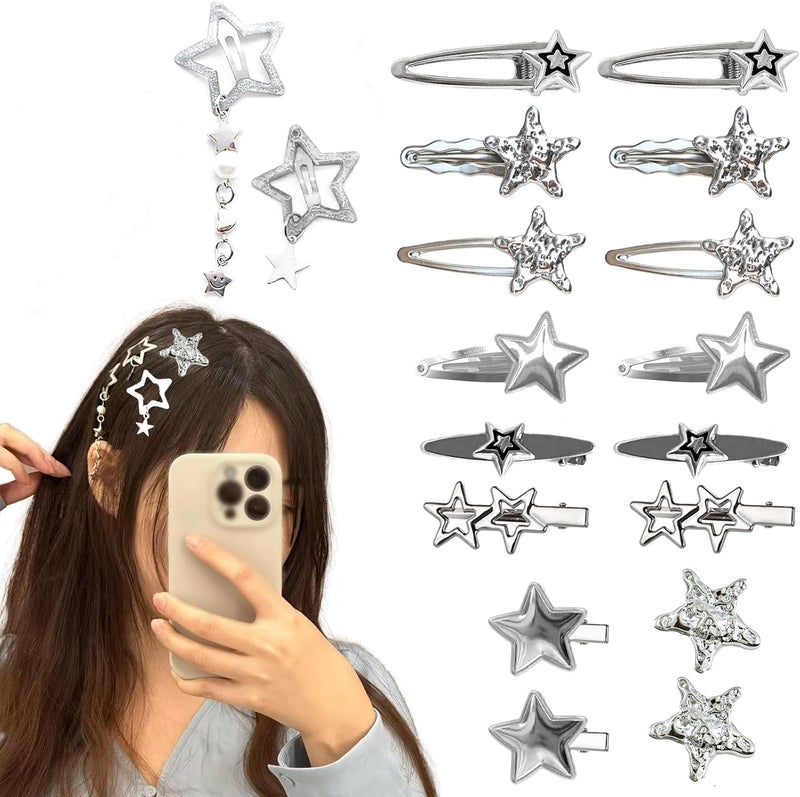 HZYH 18 Pcs Silver Star Hair Clips for Women – Y2K Metal Barrettes & Pentagram Bobby Pins, Cool Hair Styling  Set - Image 1