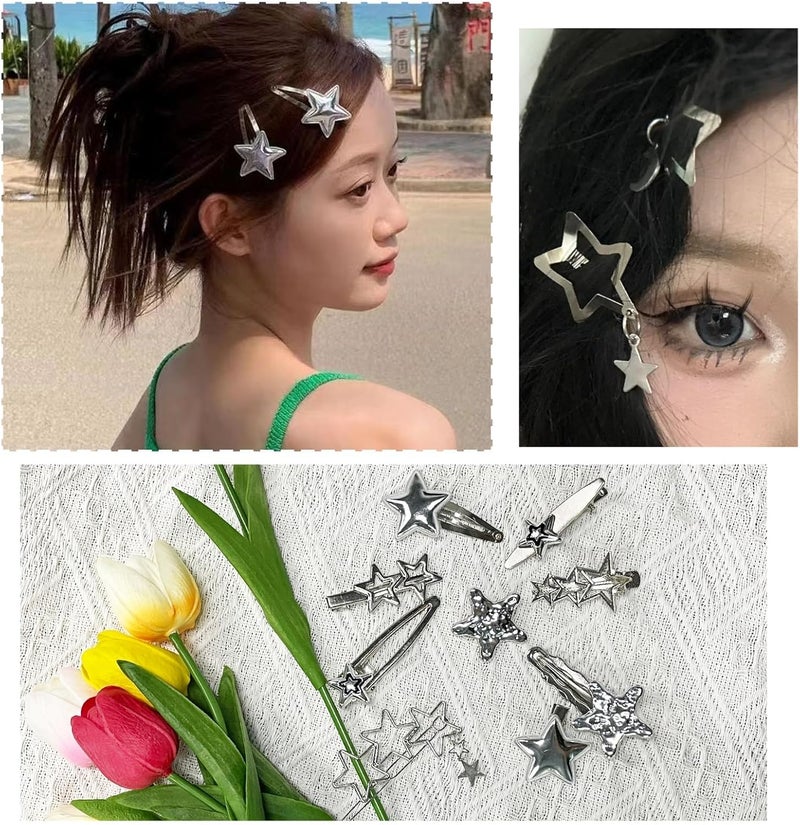 HZYH 18 Pcs Silver Star Hair Clips for Women – Y2K Metal Barrettes & Pentagram Bobby Pins, Cool Hair Styling  Set - Image 4