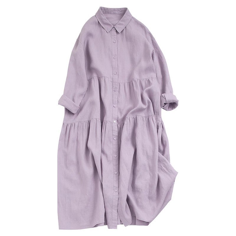 Mori Style Solid Color Cotton and Linen Dress Womens 2024 Spring New Loose Comfortable Polo Collar Long Sleeve Cardigan Long Skirt light gray purple