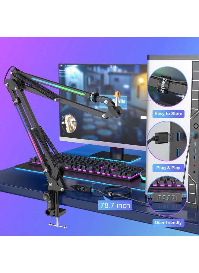 ZealSound ZealSound Microphone Boom Arm,RGB Microphone Arm Stand with 7-color dynamic Light for QuadCast/Blue Yeti/Snowball/Shure SM7B/Rode/Elgato,Suspension Boom Scissor Stand for Gaming Streaming Podcasting  - Image 4
