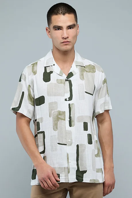 R&B Printed Shirt with Revere Collar and Short Sleeves