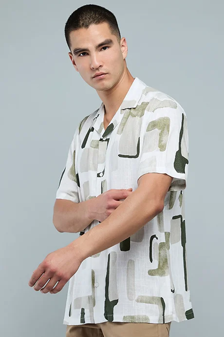 R&B Printed Shirt with Revere Collar and Short Sleeves