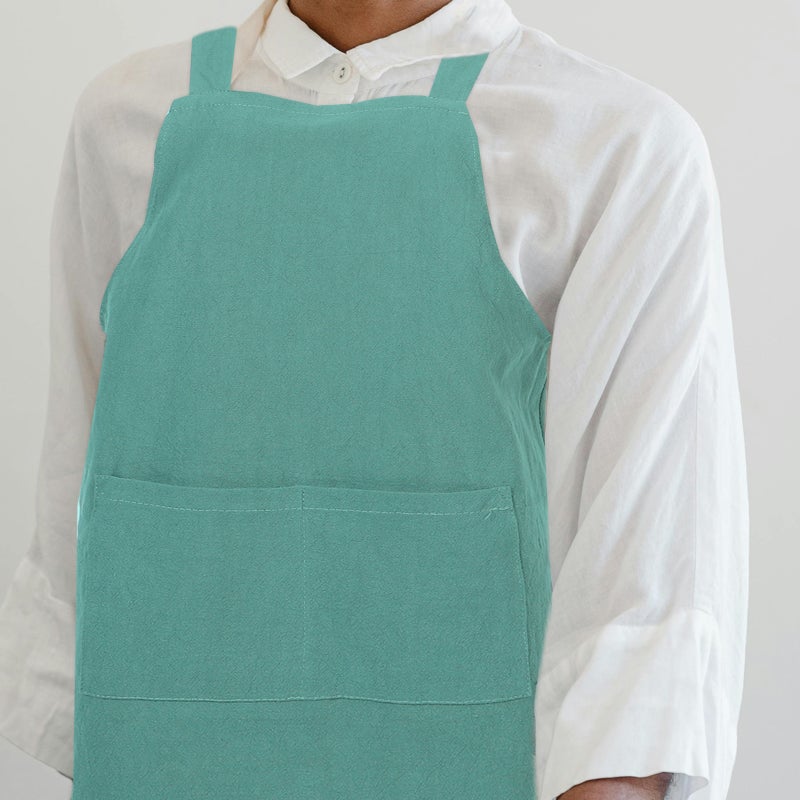 Japanese Style Cotton Linen Apron Color Dirt Proof Apron Back Kitchen Cooking Apron (Green Gray Pattern) - Image 4