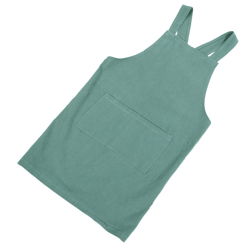 Japanese Style Cotton Linen Apron Color Dirt Proof Apron Back Kitchen Cooking Apron (Green Gray Pattern) - Image 1