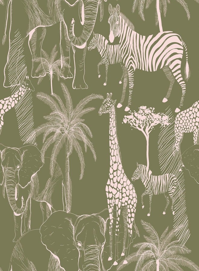 Livelynine Jungle Animal Wallpaper Stick and Peel Forest Animals Green and White Wall Paper Self Adhesive Contact Paper Tropical Palm Tree Woodland Safari Giraffe Zebra Elephant Print Mural 17.5x78.8" - Image 1