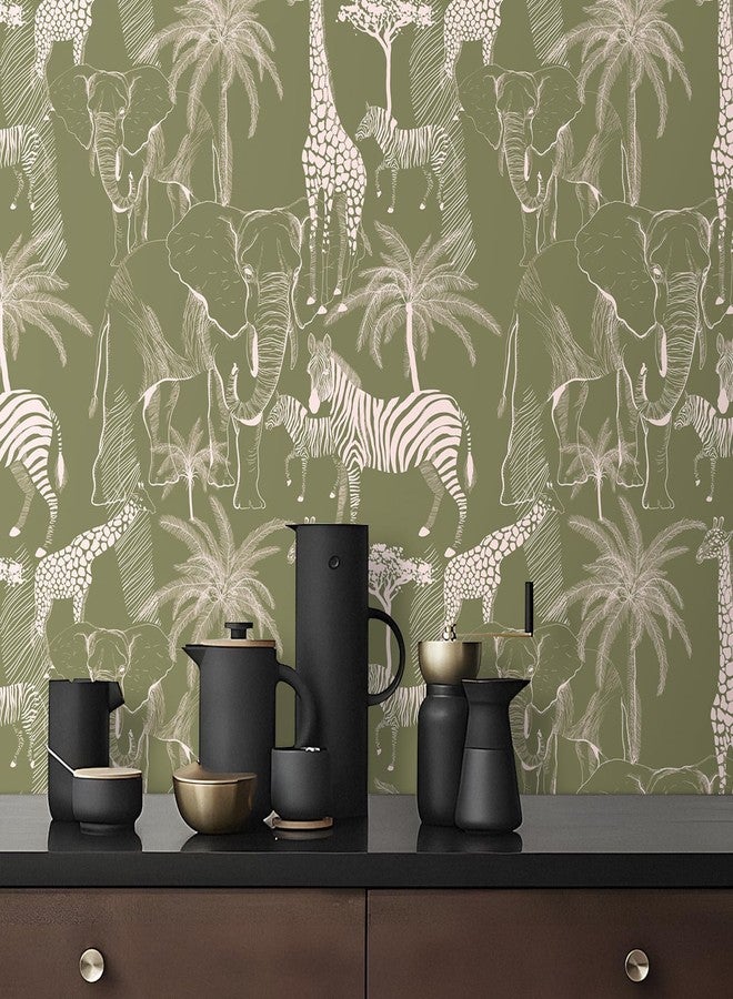 Livelynine Jungle Animal Wallpaper Stick and Peel Forest Animals Green and White Wall Paper Self Adhesive Contact Paper Tropical Palm Tree Woodland Safari Giraffe Zebra Elephant Print Mural 17.5x78.8" - Image 4