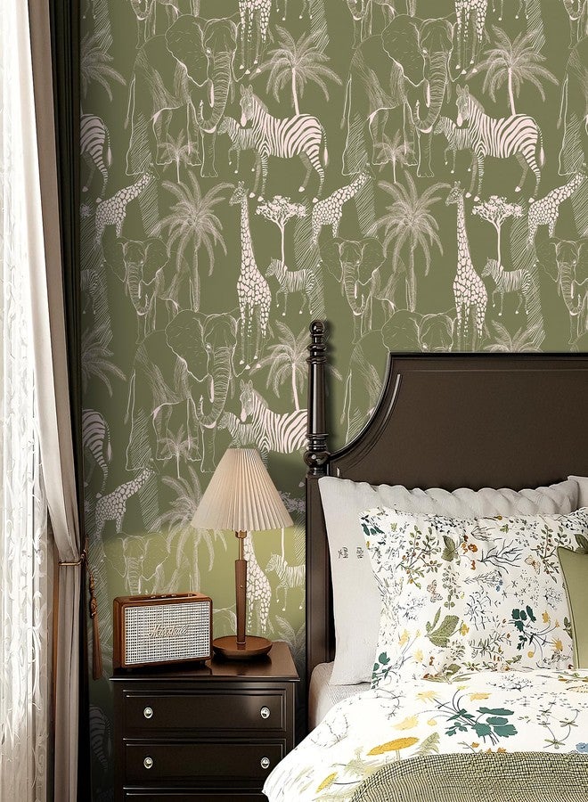 Livelynine Jungle Animal Wallpaper Stick and Peel Forest Animals Green and White Wall Paper Self Adhesive Contact Paper Tropical Palm Tree Woodland Safari Giraffe Zebra Elephant Print Mural 17.5x78.8" - Image 3