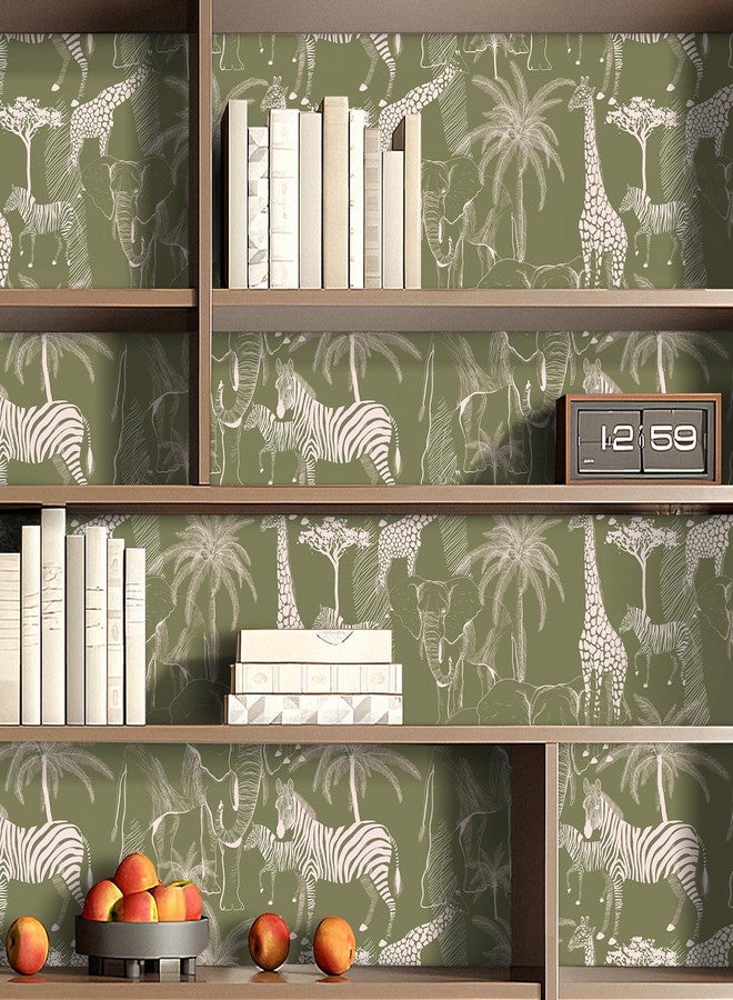 Livelynine Jungle Animal Wallpaper Stick and Peel Forest Animals Green and White Wall Paper Self Adhesive Contact Paper Tropical Palm Tree Woodland Safari Giraffe Zebra Elephant Print Mural 17.5x78.8" - Image 5