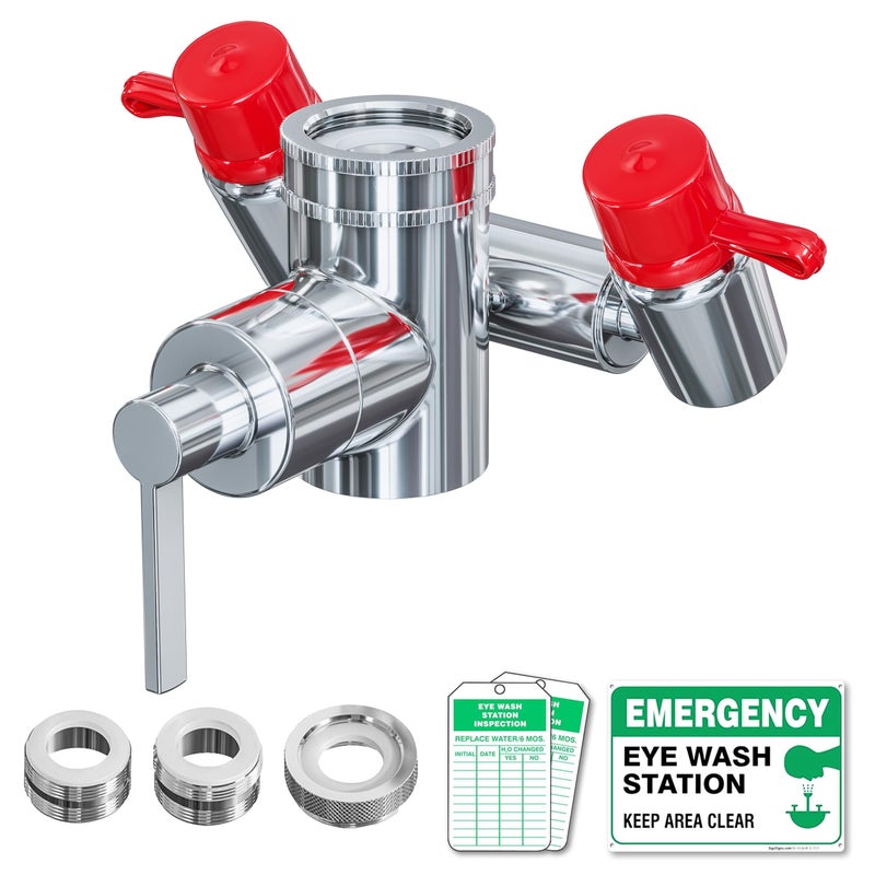 Skywin Eye Wash Kit - Faucet Mounted Emergency Eye Wash Station Sink Attachment -1x Continuous Flow Eyewash Station,3X Common Sink Adapter,2X Inspection Tag,1x Emergency Eye Wash Station Sign - Image 1