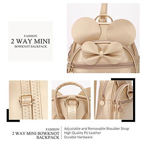 KL928 Girls Bowknot Polka Dot Cute Mini Backpack Small Daypacks Convertible Shoulder Bag Purse for Women (Gold) - Image 3