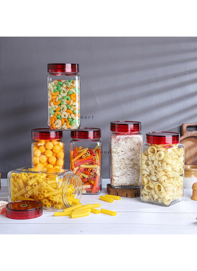 Cloudmart CLOUDMART Piramal Glass Square Jars & Containers with Air Tight Acrylic Plastic Maroon Lid for Kitchen Pantry, Masala, Honey, Pickles, Dry Fruits, Coffee Beans Storage [Square Jar, 1000ml, Set Of 8  - Image 2