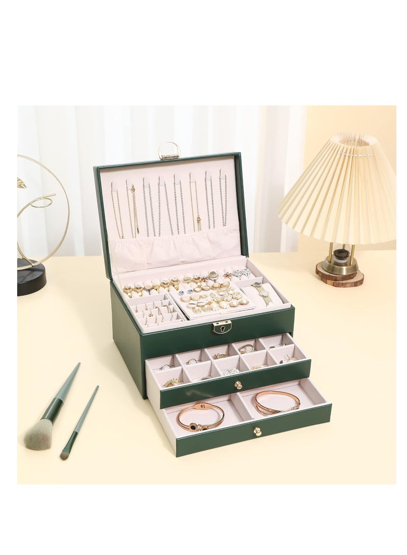 3-Layer Velvet Jewelry Organizer Box for Women & Girls – Stackable, Lockable, Luxury Faux Leather Jewelry Storage Case with Removable Compartments, Anti-Discoloration Flannel Interior – Perfect Gift for Birthdays, Mother’s Day, Anniversaries (Green) - Image 2