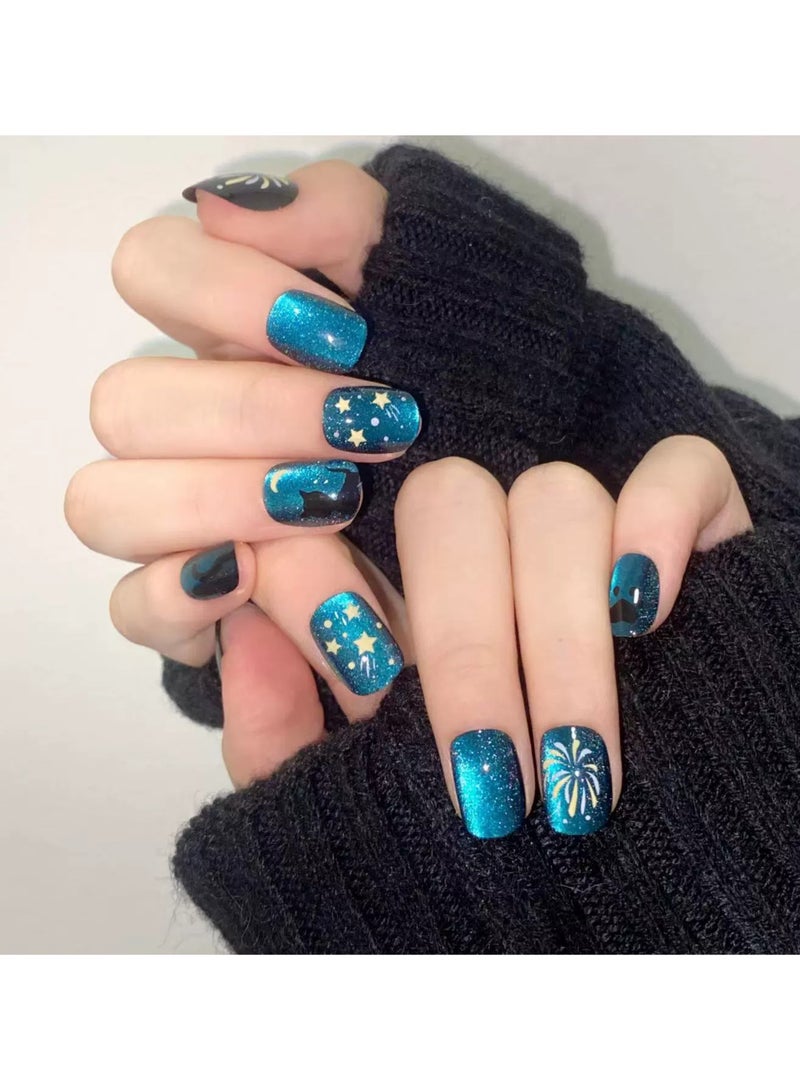 Goolsky Short Galaxy Cat Firework Cat Eye Press On Nails Trending Blue Shine Fake Nail Tips Finished Set  - Image 2