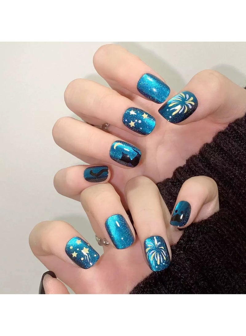 Goolsky Short Galaxy Cat Firework Cat Eye Press On Nails Trending Blue Shine Fake Nail Tips Finished Set  - Image 3