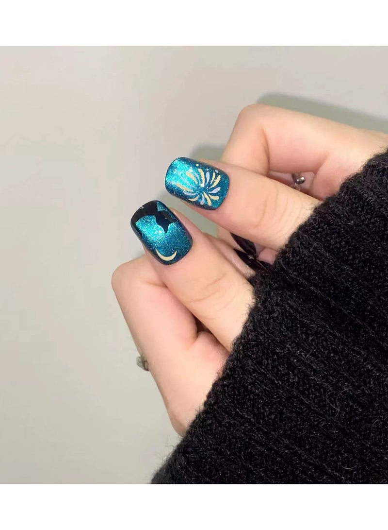 Goolsky Short Galaxy Cat Firework Cat Eye Press On Nails Trending Blue Shine Fake Nail Tips Finished Set  - Image 5