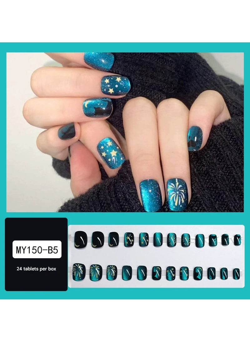 Goolsky Short Galaxy Cat Firework Cat Eye Press On Nails Trending Blue Shine Fake Nail Tips Finished Set  - Image 1